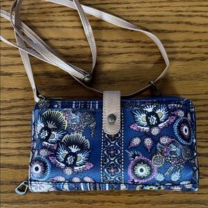 Sakroots Blue Floral Crossbody Wallet with Tan Strap sakroots